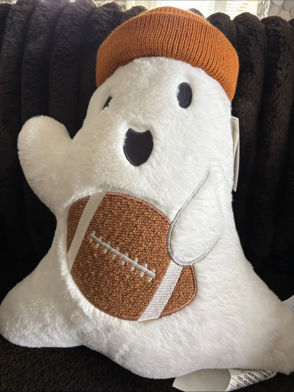 Martha Stewart White Plush Ghost Pillow with Beanie and Brown Football